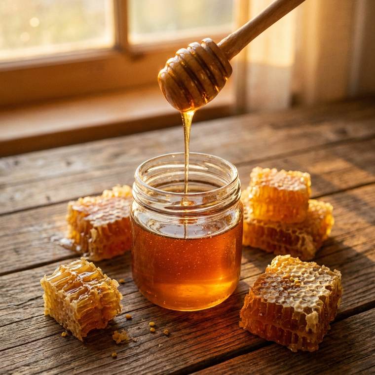 Honey drizzling from a dipper