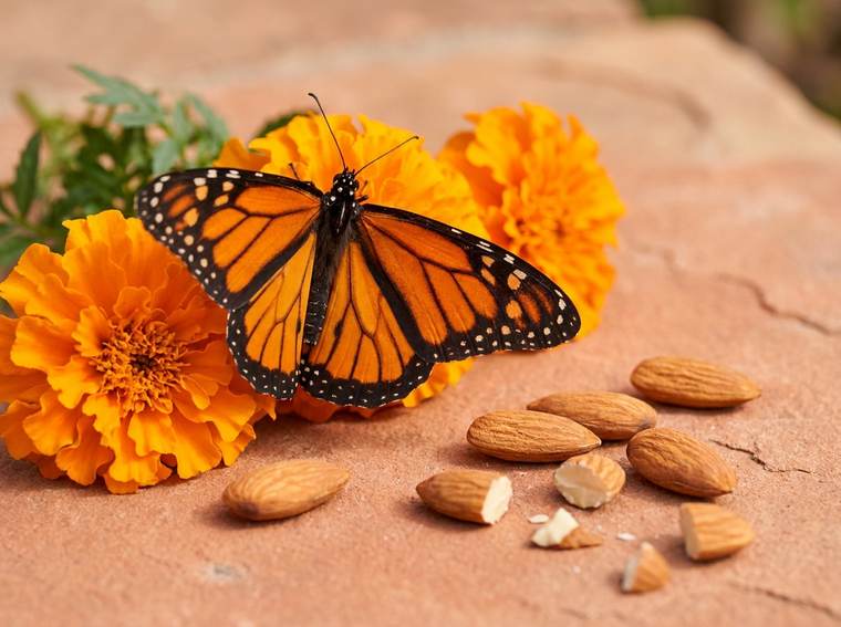A butterfly on marigolds beside almonds